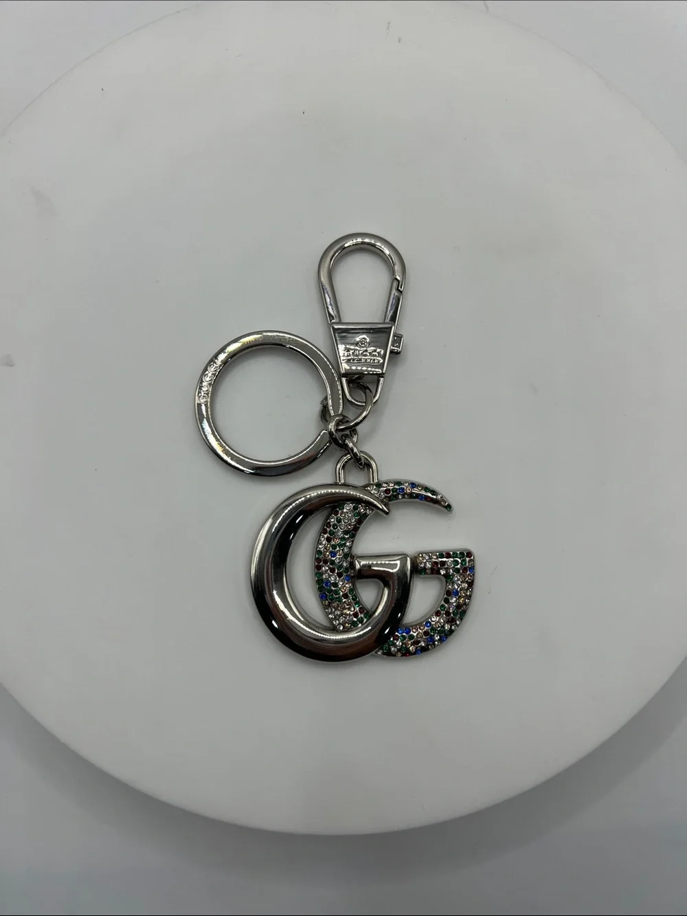1497. Silver Plated Double G Keychain with Multicolor Stones